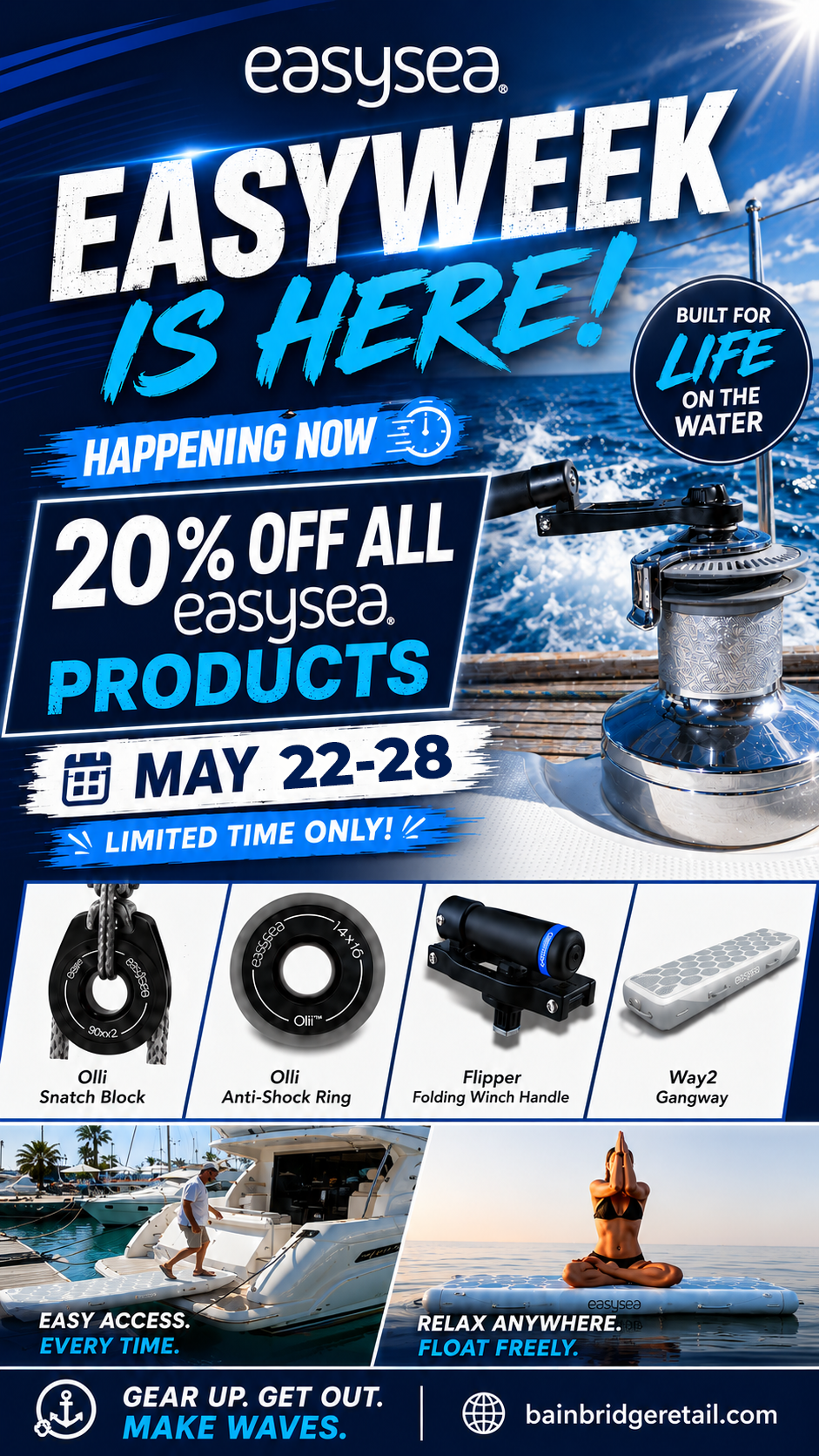 EasyWeek Sale graphic for Bainbridge Retail featuring Easysea marine products, including Olli blocks, anti-shock rings, Flipper folding winch handles, and Way2 gangways, with 20% off all Easysea products May 22–26.