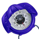 A Plastimo Iris 50 Compass with a blue cover, featuring a clear compass card with black directional markings and a white bezel, sold by Bainbridge International.