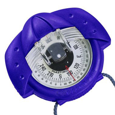 A Plastimo Iris 50 Compass with a blue cover, featuring a clear compass card with black directional markings and a white bezel, sold by Bainbridge International.