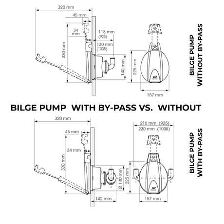 Technical diagram comparing bilge pump dimensions with and without bypass feature.